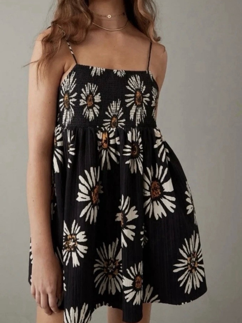 American Eagle Outfitters Black Floral Mini Dress with White and Brown Daisies